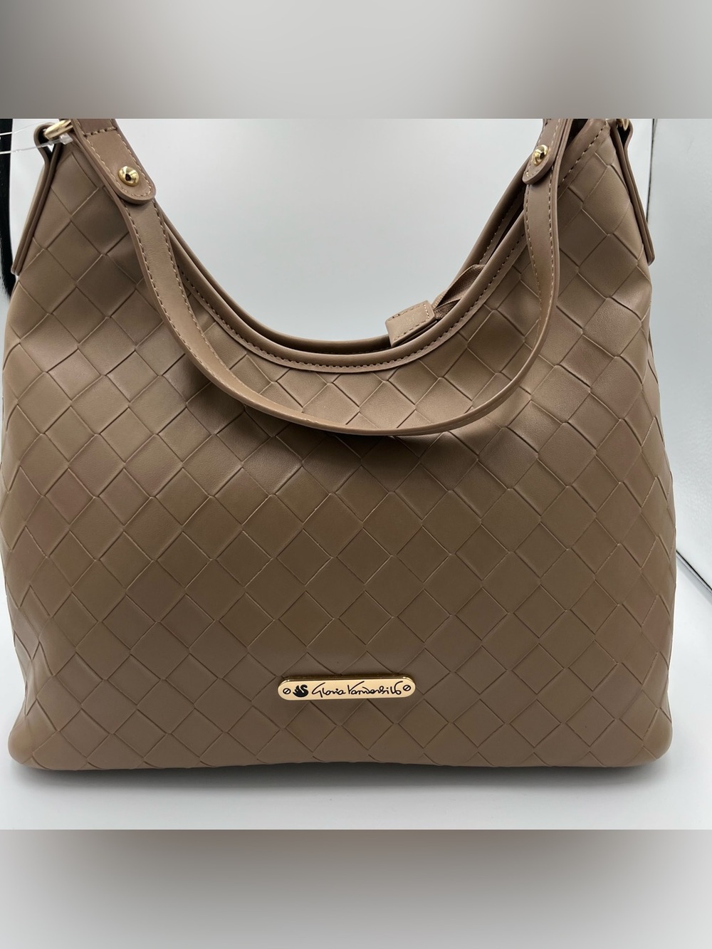 Gloria Vanderbilt Taupe Woven Shoulder Bag with Gold Logo Plate